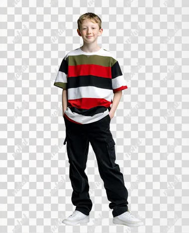 PNG Cheerful Tween Boy in Striped Oversized T-Shirt PNG Cheerful Tween Boy in Striped Oversized T-Shirt
