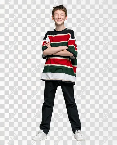 PNG Cheerful Tween Fashion in Striped Oversized T-Shirt PNG Cheerful Tween Fashion in Striped Oversized T-Shirt
