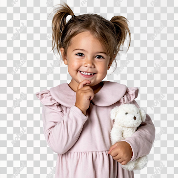 PNG Cheerful Young Girl in Pastel Dress with Teddy Bear