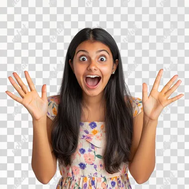 PNG Cheerful young Indian woman amazed by exciting sale news with hands raised PNG Cheerful young Indian woman amazed by exciting sale news with hands raised