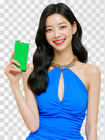 PNG Cheerful Young Korean Woman with Smartphone Green Screen
