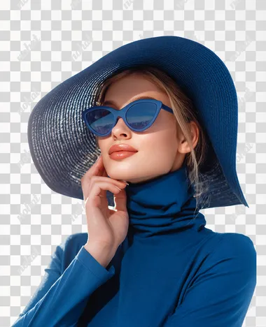 PNG Chic Winter Fashion with Blue Hat and Sunglasses PNG Chic Winter Fashion with Blue Hat and Sunglasses