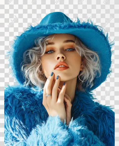 PNG Chic Winter Fashion with Bright Blue Hat PNG Chic Winter Fashion with Bright Blue Hat
