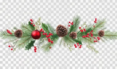 PNG Christmas Garland with Pine Cones, Red Berries, and Evergreen for Living Room