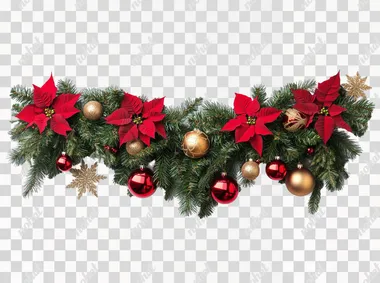 PNG Christmas garland with poinsettias and ornaments for festive living room