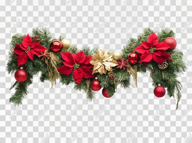 PNG Christmas garland with poinsettias and ornaments for home decor