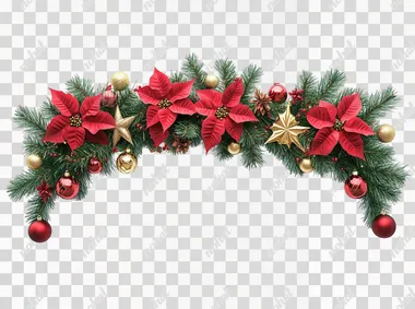 PNG Christmas garland with red poinsettias and ornaments for home decor