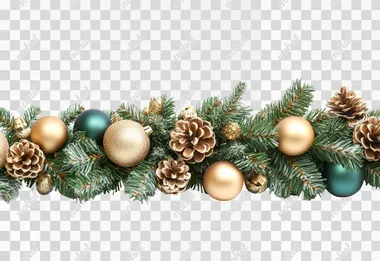 PNG Christmas Green Garland with Pine Cones and Gold Ornaments for Living Room