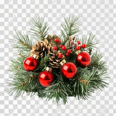 PNG Christmas tree with red ornaments and pine cones on table in living room