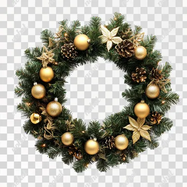 PNG Christmas Wreath with Golden Ornaments for Festive Living Room Decor PNG Christmas Wreath with Golden Ornaments for Festive Living Room Decor