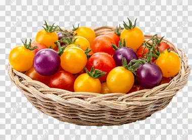 PNG Colorful Assortment of Rainbow Cherry Tomatoes in a Basket PNG Colorful Assortment of Rainbow Cherry Tomatoes in a Basket