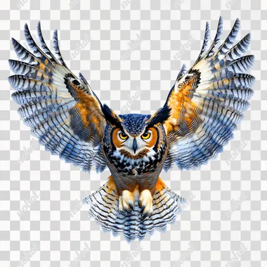 PNG Colorful Great Horned Owl in Flight Over a Vibrant Sky