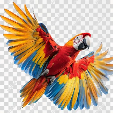 PNG Colorful macaw flying in tropical rainforest, wings spread wide PNG Colorful macaw flying in tropical rainforest, wings spread wide