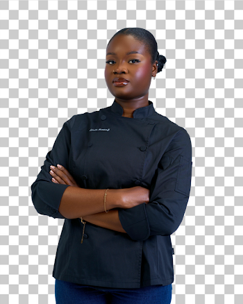 PNG Confident Female Chef Wearing Black Uniform