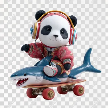 PNG Cool Panda Doll on Shark Skateboard