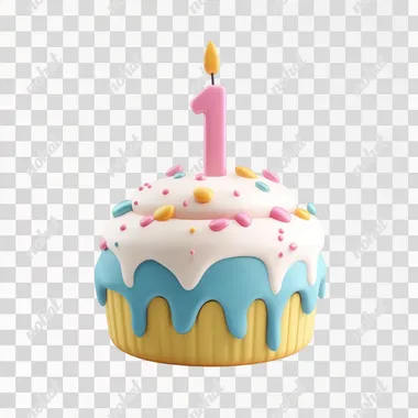PNG Cute 3D cupcake with a small candle for birthday celebrations PNG Cute 3D cupcake with a small candle for birthday celebrations
