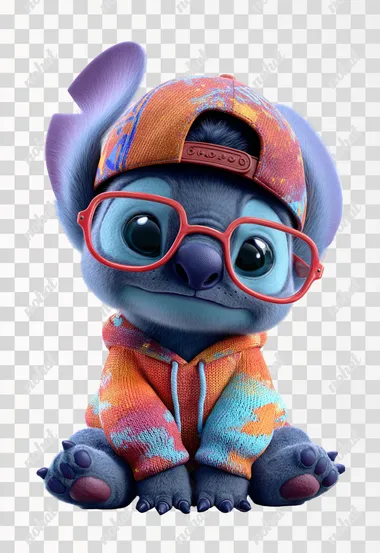 PNG Cute Baby Stitch in Colorful Hoodie and Glasses PNG Cute Baby Stitch in Colorful Hoodie and Glasses