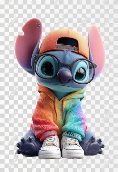 PNG Cute Baby Stitch in Colorful Hoodie and Glasses PNG Cute Baby Stitch in Colorful Hoodie and Glasses