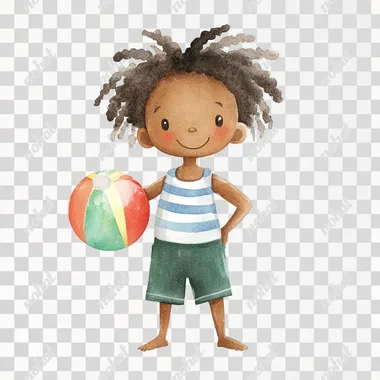 PNG Cute Black Boy with Beach Ball in Watercolor Style PNG Cute Black Boy with Beach Ball in Watercolor Style