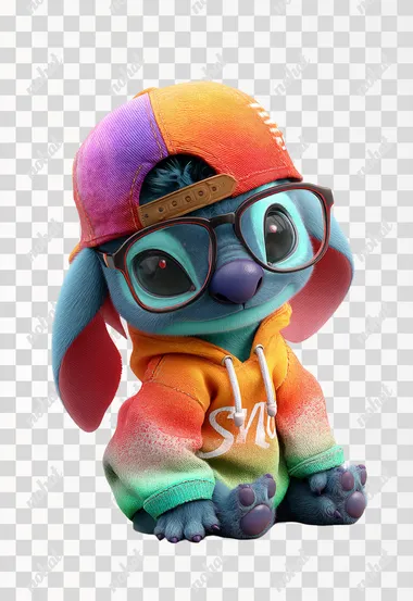 PNG Cute Cartoon Baby Stitch in Colorful Hoodie and Glasses PNG Cute Cartoon Baby Stitch in Colorful Hoodie and Glasses