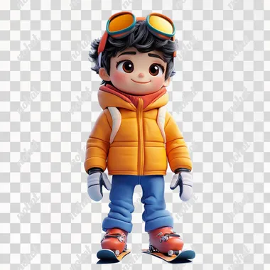 PNG Cute cartoon boy in fashionable ski clothes with snowboard, 3D render PNG Cute cartoon boy in fashionable ski clothes with snowboard, 3D render