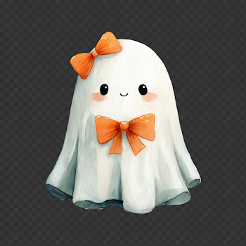 PNG Cute Cartoon Ghost with Orange Bow