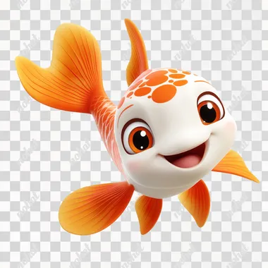 PNG Cute cartoon koi fish in serene water, Disney Pixar style, big eyes