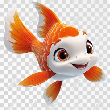 PNG Cute cartoon koi fish smiling joyfully, floating in a serene pond.