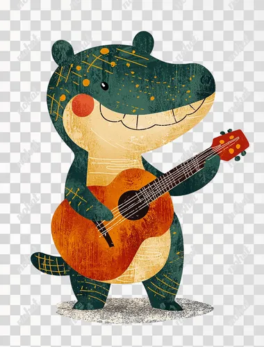 PNG Cute crocodile in a colorful boho living room strumming a guitar PNG Cute crocodile in a colorful boho living room strumming a guitar