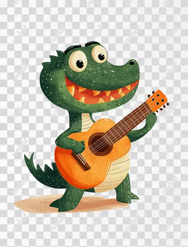 PNG Cute crocodile playing guitar in colorful, minimalistic style for kids PNG Cute crocodile playing guitar in colorful, minimalistic style for kids
