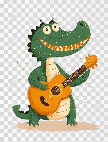 PNG Cute crocodile playing guitar in vibrant colors, Matisse-inspired style