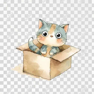 PNG Cute Kitten Playing in a Cardboard Box - Watercolor Illustration PNG Cute Kitten Playing in a Cardboard Box - Watercolor Illustration