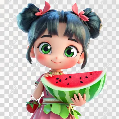 PNG Cute Nezha Character in Pixar Style Holding Watermelon in Garden PNG Cute Nezha Character in Pixar Style Holding Watermelon in Garden