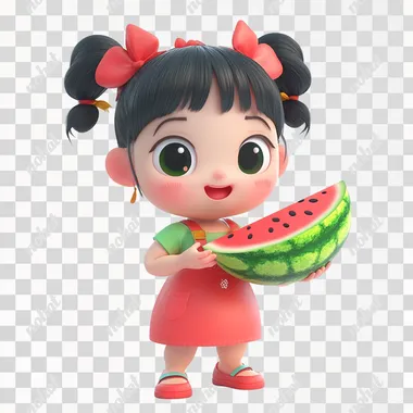 PNG Cute Nezha character playfully holding a watermelon slice indoors PNG Cute Nezha character playfully holding a watermelon slice indoors