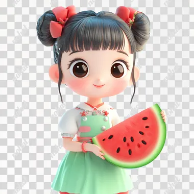 PNG Cute Nezha Girl Holding Watermelon in Playful Pixar Style Scene PNG Cute Nezha Girl Holding Watermelon in Playful Pixar Style Scene