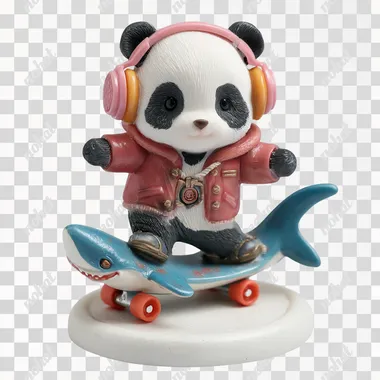 PNG Cute Panda Doll on Shark Skateboard