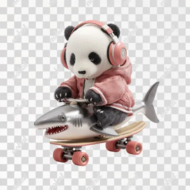 PNG Cute Panda Doll on Shark Skateboard with Colorful Headphones