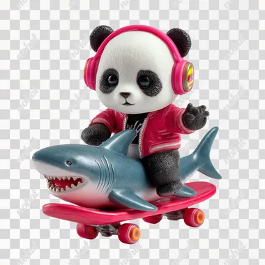 PNG Cute Panda Doll Riding Shark Skateboard