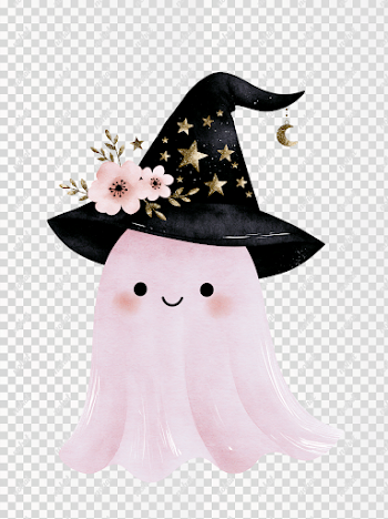 PNG Cute Pastel Pink Ghost with Witch Hat