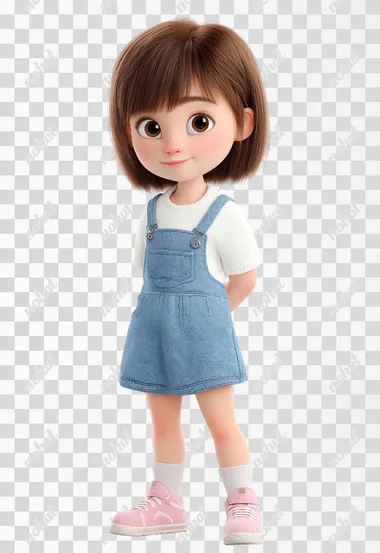 PNG Cute Pixar-Style Cartoon Girl in Denim Dress PNG Cute Pixar-Style Cartoon Girl in Denim Dress