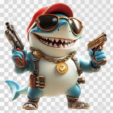 PNG Cute shark game character in stylish outfit with toy gun and gold coin PNG Cute shark game character in stylish outfit with toy gun and gold coin