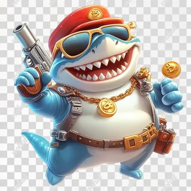 PNG Cute shark game character in sunglasses with toy gun and gold coin PNG Cute shark game character in sunglasses with toy gun and gold coin