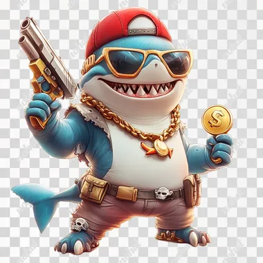 PNG Cute shark game character with toy gun and gold coin in beach setting PNG Cute shark game character with toy gun and gold coin in beach setting