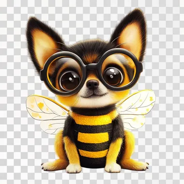PNG Cute small dog in bee costume and big glasses, cartoon style indoors PNG Cute small dog in bee costume and big glasses, cartoon style indoors