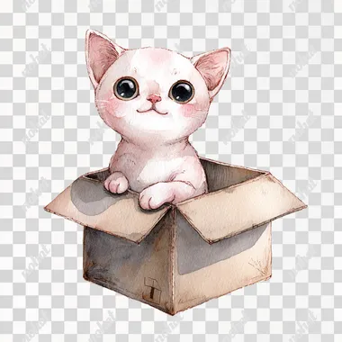 PNG Cute Watercolor Kitten in a Cardboard Box PNG Cute Watercolor Kitten in a Cardboard Box
