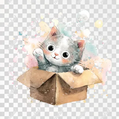 PNG Cute Watercolor Kitten Playing in a Cardboard Box PNG Cute Watercolor Kitten Playing in a Cardboard Box