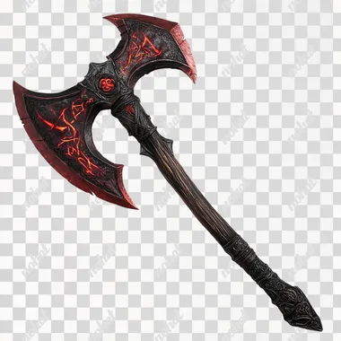 PNG D&D Artwork: Red and Black Hand Axe with Fiery Runes and Oak Handle