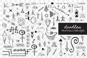 Png doodle hand drawn boho style element set