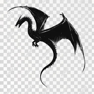 PNG Dragon flying in minimalist black and white, high tail in sky