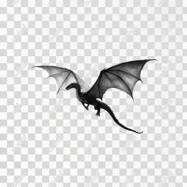 PNG Dragon Flying Over White Sky in Black and White Image